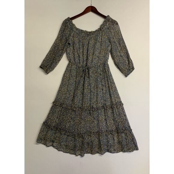 Anthropologie Dress Cottagecore Midi Feminine Peasant Tiered Floral Flounce Blue - Picture 4 of 10